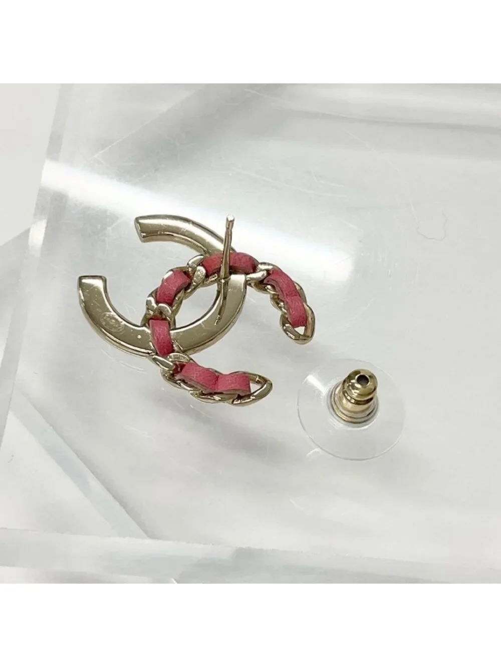 Chanel Earrings CC Logo Rhinestone Gold Pink